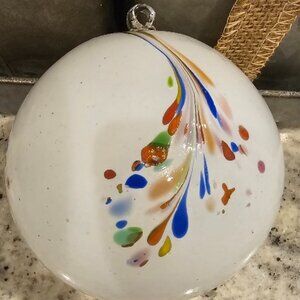 Hand Blown Round Glass Orb Ornament Milk White with Colorful Paint Art Unique